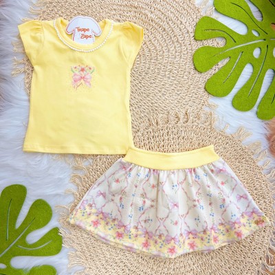Conj. Blusa Lacinho e Short Saia Floral - Amarelo